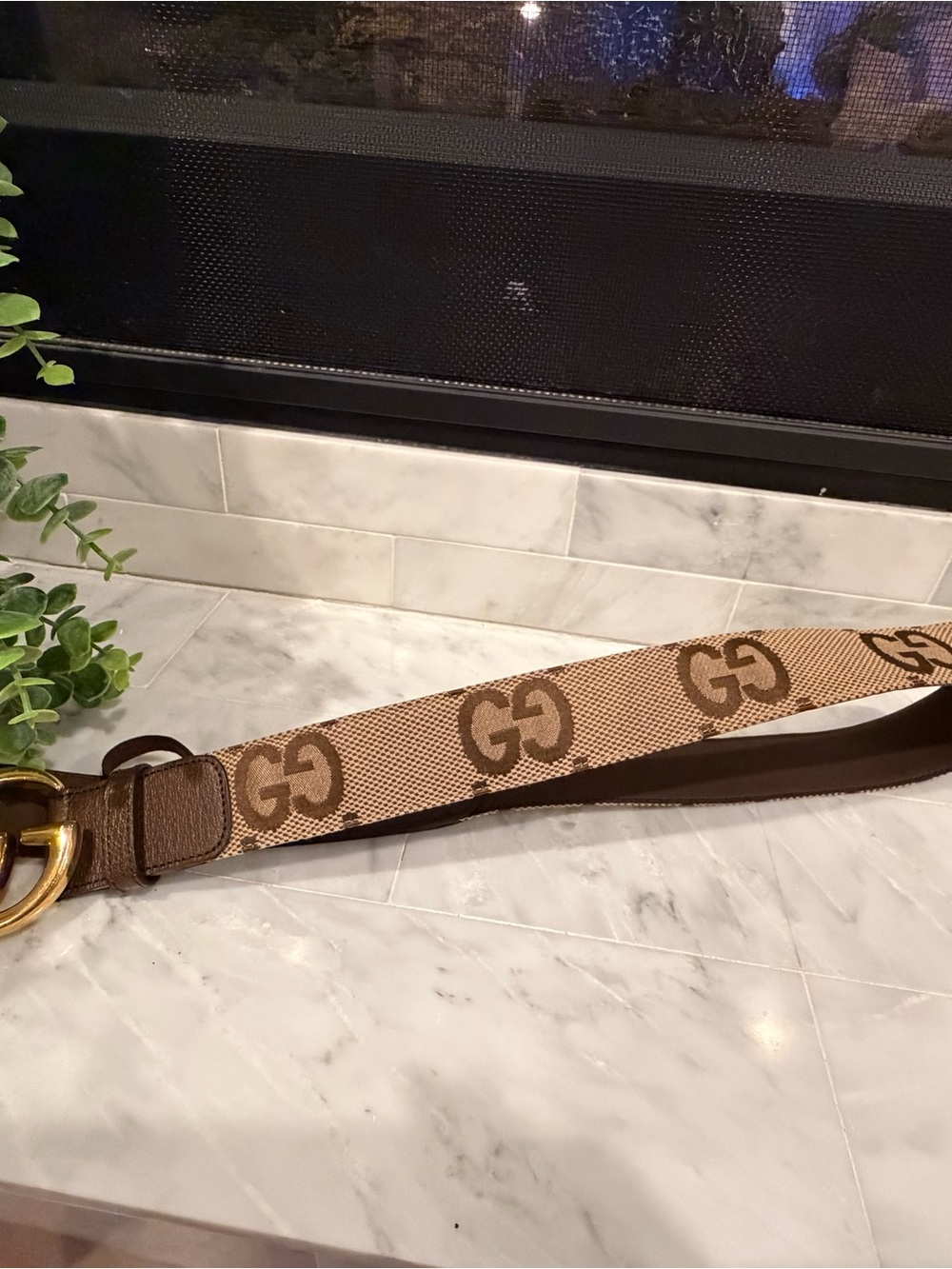 Gucci GG Canvas Belt Gold Marmont Buckle Brown Beige Size 85/34 luxury chic - Picture 3 of 5